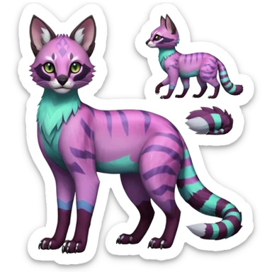 Colorful pale minty lilac onyx fruity glorious exotic neon vibrant zigzagged fantasy-caracal-civet-genet-sergal-vernid-Gryphon-Cacomistle-Trico-oncilla-animal-Fakémon-hybrid-fursona (full body), facial markings, (realism style) sticker