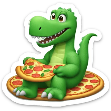 Green dinosaur eating a pizza whilst wearing pyjamas and fluffy white slippers sticker