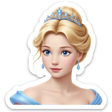 Cinematic Realistic Cinderella Portrait, depicted with lifelike skin texture, subtle rosy undertones, and soft natural lighting that enhances the gentle contours of her face. Her intricately detailed golden blonde hair is elegantly styled in an updo, with delicate wisps framing her face for added realism. Her deep, expressive blue eyes radiate warmth and sincerity, reflecting a quiet resilience and grace. She is dressed in her iconic ball gown, the fabric shimmering with intricate embroidery and fine translucent layers that catch the light beautifully. The soft sheen of satin gloves and the delicate sparkle of a glass-like slipper peeking from beneath her dress add a touch of magical realism. The portrait features an enchanting glow with a natural, luminous finish, seamlessly blending realism and fairytale charm to evoke a sense of depth, elegance, and timeless beauty. sticker