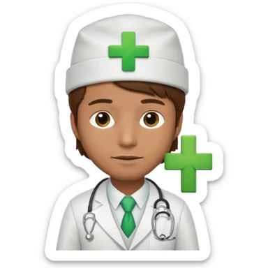 a doctor in white suit with a doctor hat with green cross brown hair man sticker