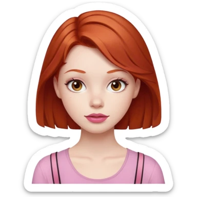 Redhead girl with deep brown eyes, pale skin with light red lips wearing a pink strap shirt sticker