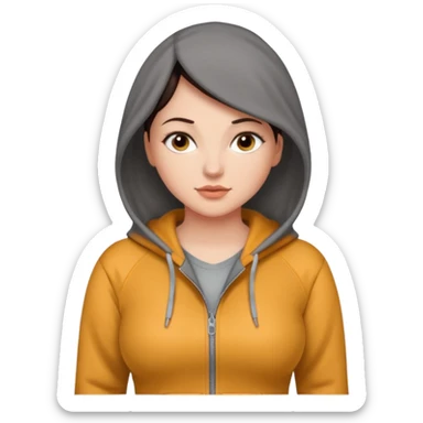 Pretty, sexy, slightly curvy white woman with short dark brown hair, wearing a tight, gray, front zippered hoodie sticker