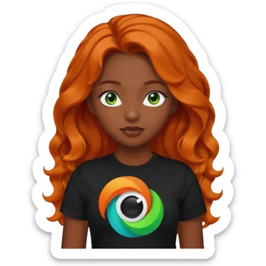 Girl with dark long orange wavy hair, green eyes, and black t-shirt with tiktok app on hand sticker