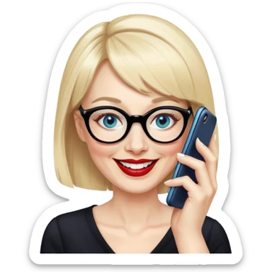 Woman in her early 50s with pale skin, wider face, blue eyes with eyeliner, thin eyebrows, red lipstick, blonde hair up with bangs, wearing black glasses. Laughing on a mobile phone  sticker
