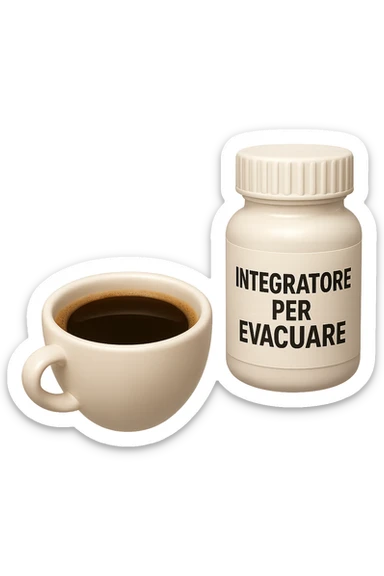 EMOJI STILE IPHONE 3D DI un caffè e di una boccetta di integratore con la scritta "INTEGRATORE PER EVACUARE" SULL'ETICHETTA CHE FLUTTUANO IN ARIA, iperrealistico 4k sticker