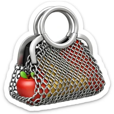 3D render of Mesh Purse, made of interlocking chainmail metal rings, wire mesh texture, visible holes and negative space, metallic silver and grey, high contrast shadows, Apple emoji style, isolated on white background --v 6.0. sticker