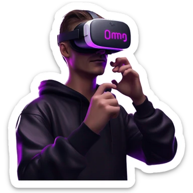Russian man wearing a black hoodie with "OMG" letters on it and VR headset oculus quest 2 in a cyberpunk VR environment with violet neon lighting. Showing direction with hand sticker