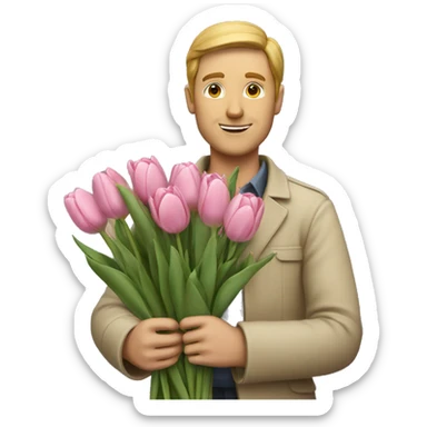 White man holding Bouquet of pink tulips sticker