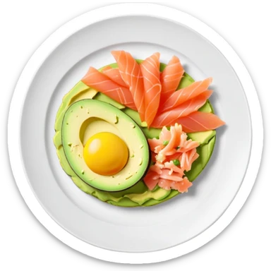 plate with sliced avocado, scrambled-eggs and smoked salmon sticker
