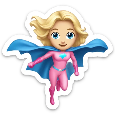 young blonde girl, blue eyes, wearing pink superhero costume, flying  sticker