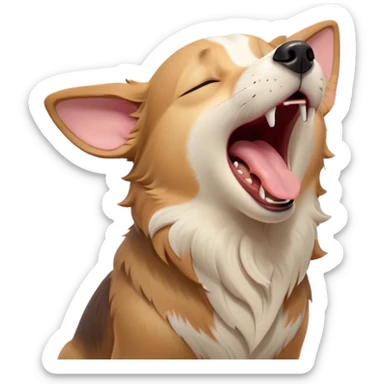Cinematic Cute Yawning Domestic Dog Portrait Emoji, Head tilted slightly with a dramatic, wide-open yawn, showcasing a plush, inviting coat with gently drooping ears and half-closed, drowsy eyes, Simplified yet irresistibly adorable features, highly detailed, glowing with a soft, cozy glow, high shine, relaxed yet expressive, stylized with a dash of playful whimsy, soft glowing outline, capturing the essence of a sleepy yet affectionate dog that seems ready to stretch out for a nap! sticker