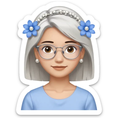  Emoji of a smiling girl with neck-length straight brown hair, fair tan skin, brown eyes, soft black brows, wearing silver glasses, pearl earrings, white hair clips, and blue flowers in her hair. She's in a clean white dress or shirt, with a soft clean girl aesthetic on a white background sticker