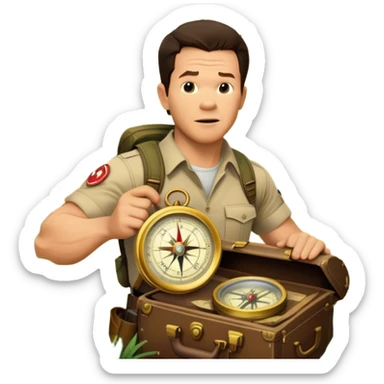 A vintage movie poster-style collage. Include action-packed elements like a treasure map, jungle scenes, a rugged explorer with a compass and a speeding jeep. Add a shadowy figure resembling close-up Mark Wahlberg in adventurous gear. Jungle background. Transparent background. sticker