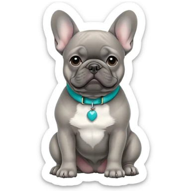 Grey French bulldog with turquoise collar sitting facing forward sticker