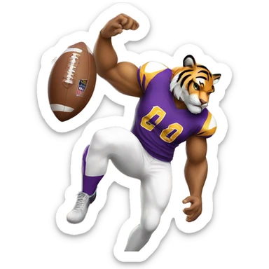 Tiger wearing purple and gold jersey and white pants holding a football sticker