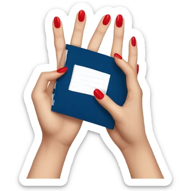 a female hand with a red manicure holds a dark blue notepad sticker