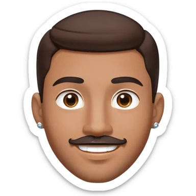 Apple-style cartoon emoji of a floating head only, young man with medium brown skin, mixed-race ethnicity, long dark brown hair with PERFECT MIDDLE PART exactly centered, mustache separated from goatee, medium brown eyes, small diamond stud earrings, absolutely no neck or shoulders visible sticker