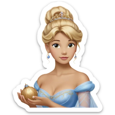 Cinematic Realistic Cinderella Portrait, depicted with lifelike skin texture, subtle rosy undertones, and soft natural lighting that enhances the gentle contours of her face. Her intricately detailed golden blonde hair is elegantly styled in an updo, with delicate wisps framing her face for added realism. Her deep, expressive blue eyes radiate warmth and sincerity, reflecting a quiet resilience and grace. She is dressed in her iconic ball gown, the fabric shimmering with intricate embroidery and fine translucent layers that catch the light beautifully. The soft sheen of satin gloves and the delicate sparkle of a glass-like slipper peeking from beneath her dress add a touch of magical realism. The portrait features an enchanting glow with a natural, luminous finish, seamlessly blending realism and fairytale charm to evoke a sense of depth, elegance, and timeless beauty. sticker
