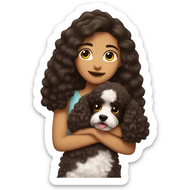 Girl with long dark brown hair hugs a poodle sticker