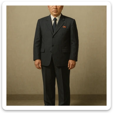 Official portrait of a North Korean man, head of the hull production workshop at a shipyard, serious and formal style, dark suit, neutral background, confident and focused expression, style inspired by Soviet and North Korean official portraits, full body, not cropped, head not cut off, head and feet fully in frame, variation 1 sticker
