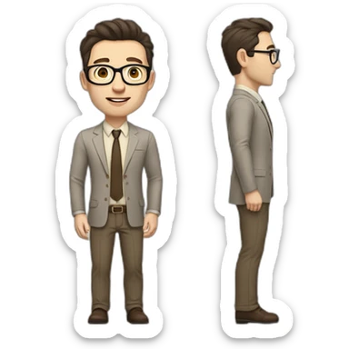Full height Pale skinned fit man with dark brown hair in gray jacket, beige office shirt, brown tie, brown pants and vintage glasses. His right hand stretched out sticker