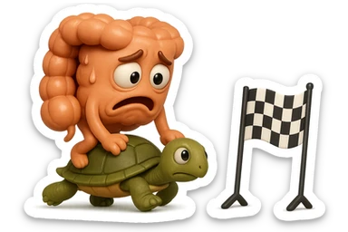  EMOJI STILE IPHONE 3D DI UN INTESTINO CON ESPRESSIONE ANGOSCIATA CHE CAMMINA SUL GUSCIO DI UNA TARTARUGA IN ATTESA ESTENUANTE DI RAGGIUNGERE UN TRAGUARDO POCO PIù AVANTI, SULLA LORO DESTRA. IL TRAGUARDO è UNA BANDIERA A DUE PIEDI CON FASCIA A SCACCHI BIANCHI E NERI. iperrealistico 4k sticker