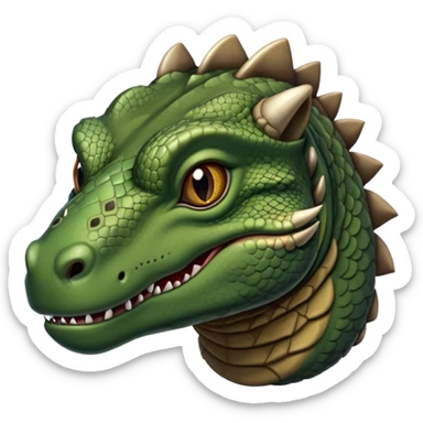 Cinematic Realistic Noble Komodo Dragon Portrait Emoji, Poised and imposing, with a massive, rugged build and a weathered, intricately scaled hide in earthy olive and dark tones, a distinct, powerful head with sharply defined features and piercing eyes, rendered in lifelike detail with natural texture and shadow, high shine, intelligent and formidable, styled with an air of ancient reptilian authority, focused and attentive, soft glowing outline, capturing the essence of a watchful and commanding Komodo dragon that appears ready to emerge from the screen with raw power! sticker