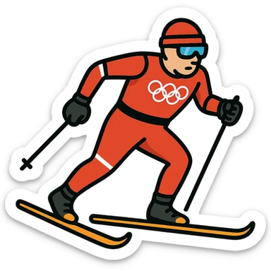 Keep the skier in red clothes, add glasses similar to the second skier in the reference, and make the skis a little longer. Maintain vector style with shadows, highlights, and clean outlines. Transparent background. sticker