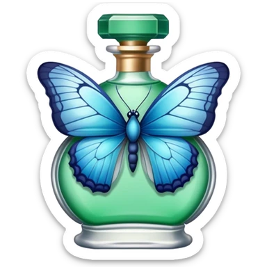 A single delicate blue butterfly resting on the edge of a lace-trimmed green  perfume bottle.
 sticker