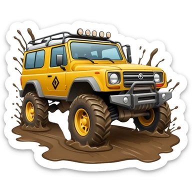 An icon showing an off-road vehicle driving through muddy terrain, inspired by Expeditions: A MudRunner Game. The design features splashing mud, rugged tracks, and dynamic movement, symbolizing the challenge of navigating tough landscapes. Transparent background sticker