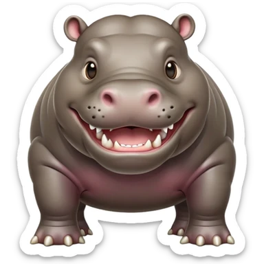 cinematic-hippo-realistic-full-body-side-view-standing-on-all-fours-emoji,-massive-round-frame,-wide-mouthed-grin-exposing-huge-teeth,-head-tilted-dramatically,-thick-greyish-brown-hide-glossy sticker