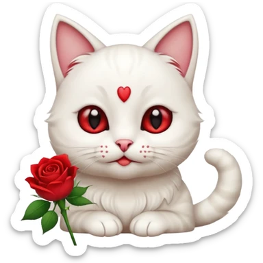 Cute emoji-style white cat holding a red rose in its mouth, big round eyes with visible white sclera, smaller pupils, soft warm brown irises, fluffy fur, clean mascot style, gentle cute expression, centered, transparent background, 1:1 ratio. sticker