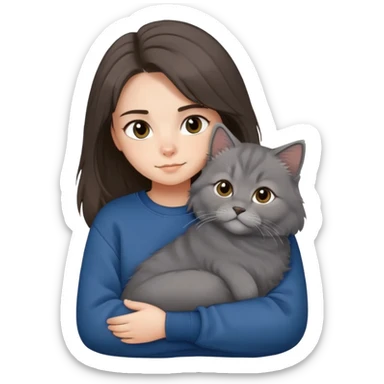 Brunette girl with dark blue sweatshirt snuggling a fluffy grey Siberian cat sticker