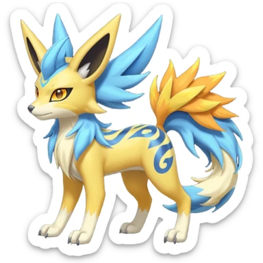 Feral Lightning-patterned Zig-zagged buzzy fuzzy Meloetta-Renamon-Zeraora-Luxray-Cobalion-Suicune-Vernid-fusion-hybrid-creature, full body  sticker