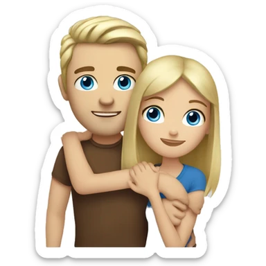 blonde man with blue eyes and brunette girl with brown eyes hugging sticker