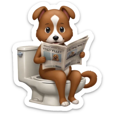 a dog sitting on a toilet reading newspaper sticker