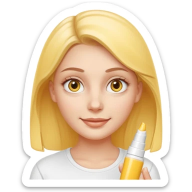 Create a high-quality iPhone-style emoji of a white girl face, with a small amount of yellow eye cream clearly applied under both eyes, realistic shading, smooth gradient colors, rounded and cute 3D cartoon style, subtle smiling expression, simple white b sticker