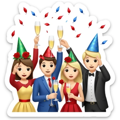 Group of party animals, having fun, with cocktails,  throwing roses congratulations  sticker