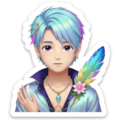 Beautiful gorgeous anime boy with beautiful iridescent-special-hair, fashion aesthetic, ethereal, fairycore, pastelcore, feather, flower, gems, accessories, jewelries, gold, colorful sticker