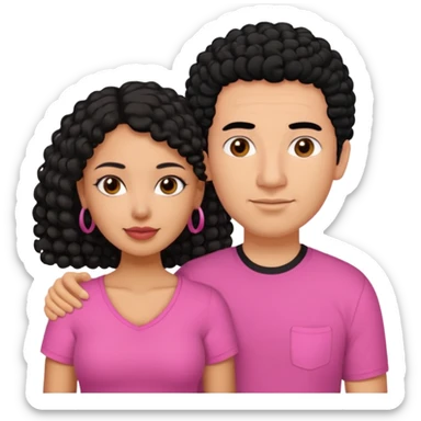 A picture if a couple. the man is a Mexican man with  black hair, a bald hair cut and black shirt on. the woman is mixed with black and white, with curly shoulder length hair and a pink shirt on sticker