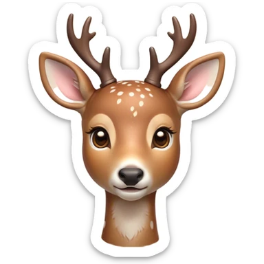 Cinematic Cute Deer Portrait Emoji, Head tilted playfully and inquisitively, showcasing a delicate coat speckled with subtle white spots and gentle earth tones, round, sparkling eyes filled with curious wonder, Simplified yet irresistibly adorable features, highly detailed, glowing with a warm, friendly glow, high shine, affectionate and graceful, stylized with a touch of woodland whimsy, bright and endearing, soft glowing outline, capturing the essence of a mischievous yet loving fawn, so playful it feels like it could skip out of the screen into your arms! sticker