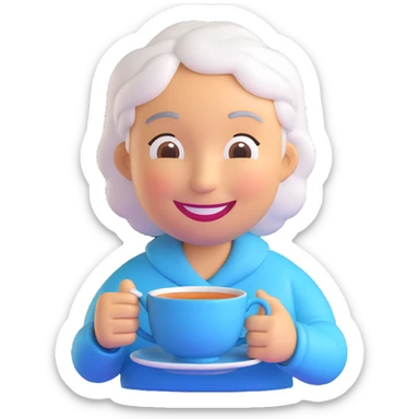 3D smiley emoji, round shape, grandmother with tea, light blue color, smiling face sticker