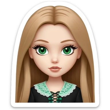 pretty bratz girl, long straight light brown hair, jade green eyes, black eyeliner, pale skin, dark feminine clothes with laces sticker