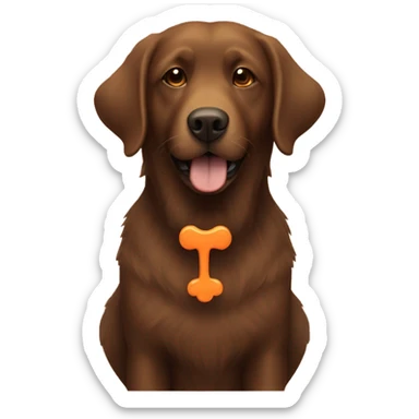 Brown fluffy lab with a orange dog shaped bone in mouth sticker