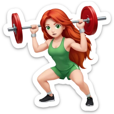A long-haired red-haired girl with fair skin and green eyes is pressing the barbell sticker
