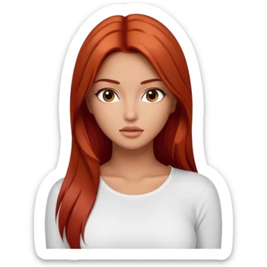 Beautiful woman model  large breasts  with brown  monolid round wide eyes tan skin long straight  red hair model white  top Kendal Jenner  sticker