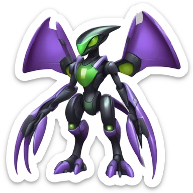 a shiny black-green-purple Genesect-Flygon-Raptor-Fakémon-Medabot-hybrid with a futuristic visor-helmet full body sticker