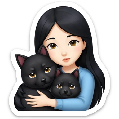 A beautiful girl with long black hair hugs a black Shiba Inu tightly sticker