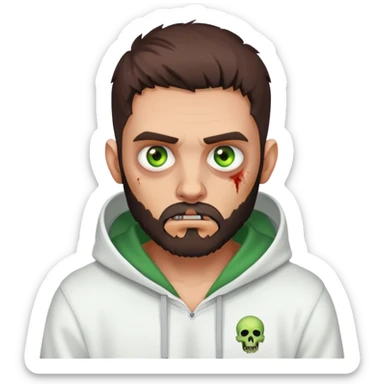 zombie making peace sign, undercut hairstyle with dark brown hair, short full beard, heterochromia with one green eye and one brown eye, wearing plain white hoodie sticker