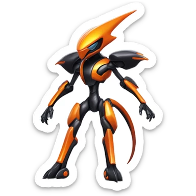 a shiny metallic black-orange Genesect-Flygon-Raptor-Fakémon-Medabot-hybrid with a futuristic visor-helmet full body sticker